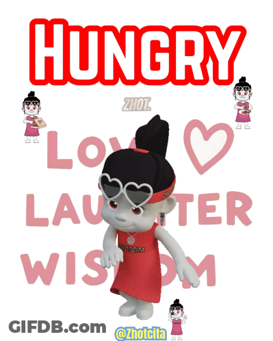 Cartoon Girl Standing In Front Of Hungry Love Laughter Wisdom Sign GIF