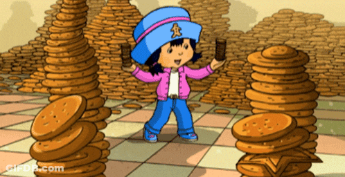 Cartoon Girl Standing In Front Of Pile Of Cookies GIF