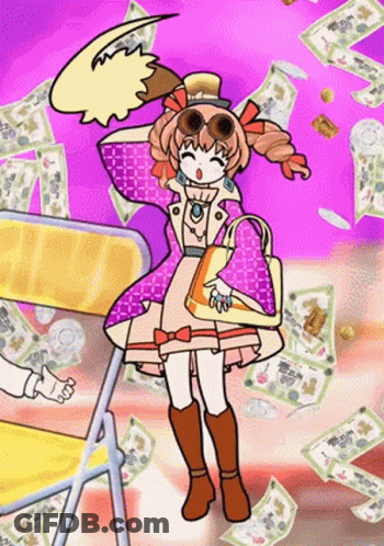 Cartoon Girl Standing In Front Of Pile Of Money GIF