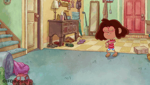 Cartoon Girl Standing In Hallway With Red Door GIF