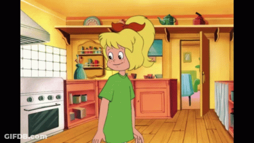 Cartoon Girl Standing In Kitchen GIF