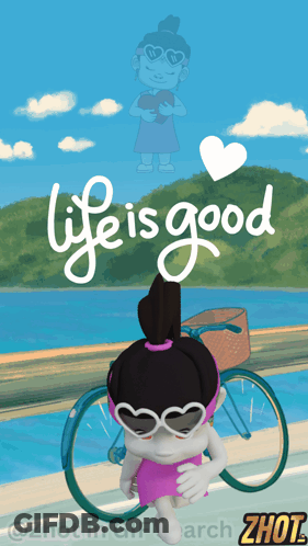Cartoon Girl Standing Next To Bike Saying Life Is Good GIF