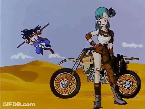 Cartoon Girl Standing Next To Dirt Bike With Goku Flying In Background GIF