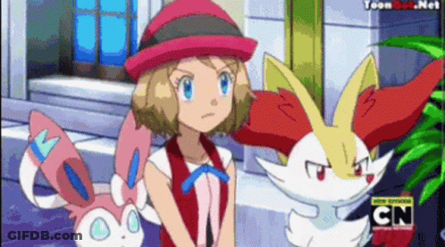 Cartoon Girl Standing Next To Pokemon With CN GIF