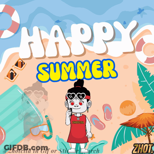 Cartoon Girl Standing On Beach Happy Summer GIF