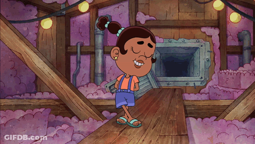 Cartoon Girl Standing On Wooden Floor In Front Of Purple Wall GIF