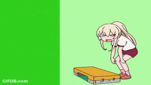 Cartoon Girl Standing On Yellow Box With Chinese Writing GIF