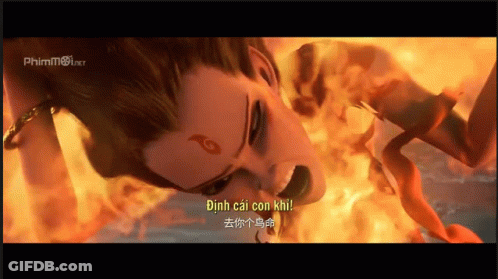 Cartoon Girl Surrounded By Flames With Number 6 On Head GIF