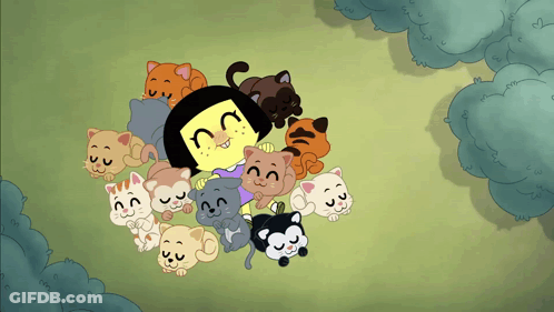 Cartoon Girl Surrounded By Kittens Including Black Cat GIF