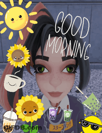 Cartoon Girl Surrounded By Stickers Saying Good Morning GIF