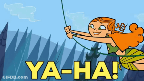 Cartoon Girl Swinging On Rope Saying Ya-Ha GIF