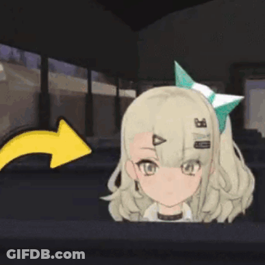 Cartoon Girl Waving With Yellow Arrow Pointing Right GIF