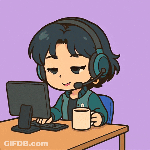 Cartoon Girl Wearing Headphones Waving At Computer GIF