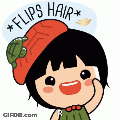 Cartoon Girl Wearing Red Hat With Turtle Saying Flips Hair GIF