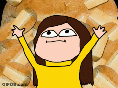 Cartoon Girl With Arms Up In Front Of Bread GIF