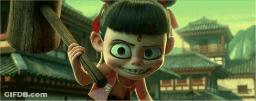 Cartoon Girl With Big Eyes Holding Wooden Hammer GIF