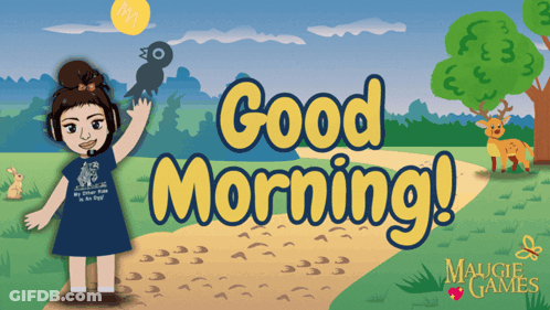 Cartoon Girl With Bird Saying Good Morning GIF