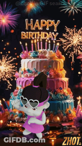 Cartoon Girl With Birthday Cake, Candles And Fireworks GIF