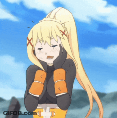 Cartoon Girl With Blonde Hair And Orange Gloves Covering Face GIF