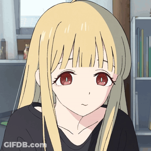 Cartoon Girl With Blonde Hair And Red Eyes In Black Shirt GIF