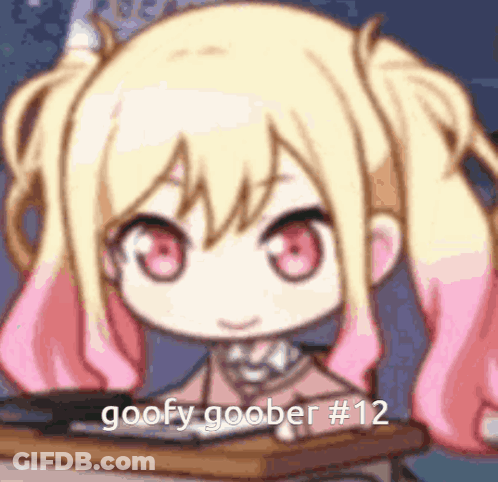Cartoon Girl With Blonde Pigtails Sitting At Desk Saying Goofy Goober #12 GIF