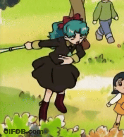 Cartoon Girl With Blue Hair And Black Dress Holding Stick GIF