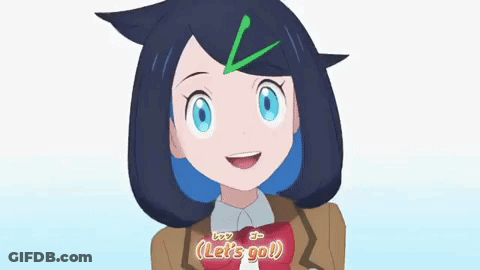 Cartoon Girl With Blue Hair And Green V Smiling Saying Let's Go GIF