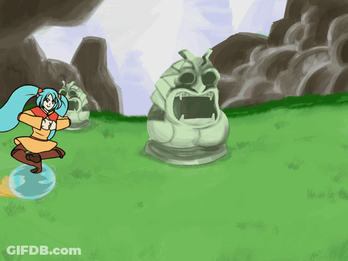 Cartoon Girl With Blue Hair And Statue GIF