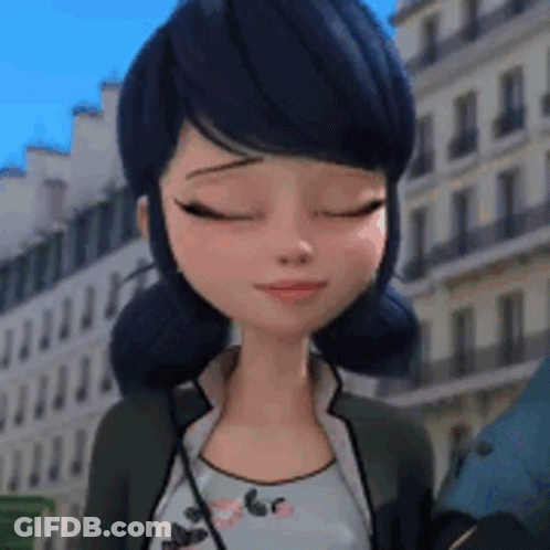 Cartoon Girl With Blue Hair Standing In Front Of Building GIF