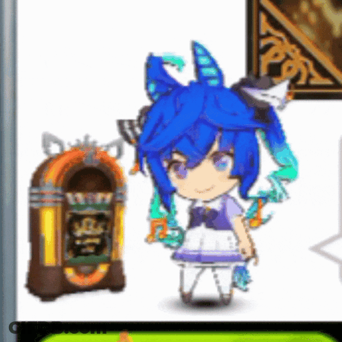 Cartoon Girl With Blue Hair Standing Next To Jukebox GIF