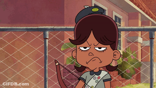 Cartoon Girl With Bow And Arrow Standing In Front Of Fence GIF