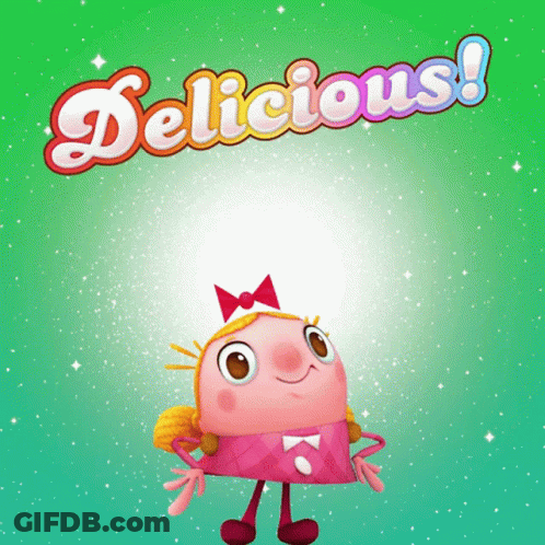 Cartoon Girl With Bow Saying Delicious GIF