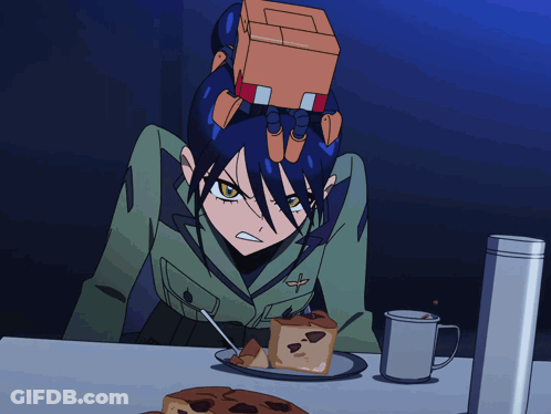 Cartoon Girl With Box On Head Looking At Cake GIF