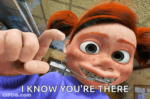 Cartoon Girl With Braces Pointing Saying I Know You're There GIF