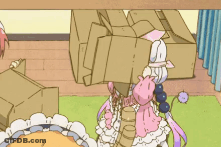 Cartoon Girl With Cardboard Box On Head Playing With Toy GIF