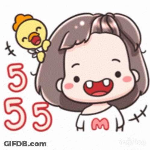 Cartoon Girl With Chicken And Number 55 GIF