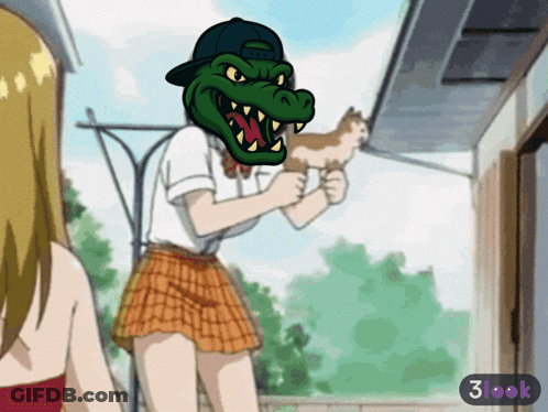 Cartoon Girl With Crocodile Head Holding Cat GIF