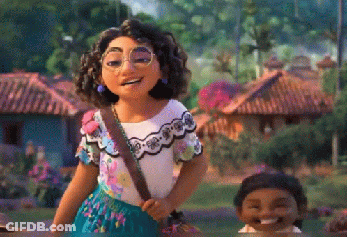 Cartoon Girl With Curly Hair And Glasses Standing In Front Of House GIF