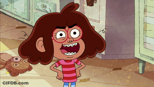 Cartoon Girl With Glasses And Big Teeth Hands On Hips GIF