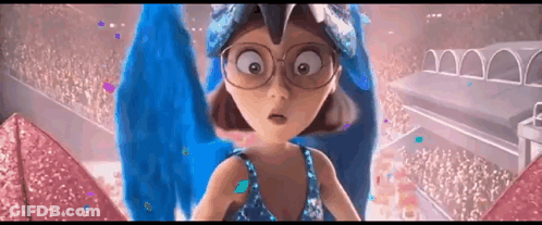 Cartoon Girl With Glasses And Blue Wings In Front Of Crowd GIF