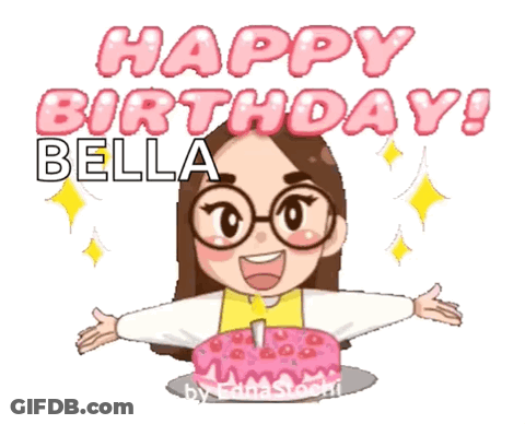 Cartoon Girl With Glasses Holding Cake Saying Happy Birthday Bella GIF