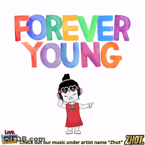 Cartoon Girl With Headphones In Front Of Forever Young Sign GIF