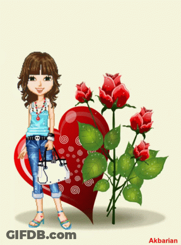 Cartoon Girl With Heart And Roses Akbarian GIF