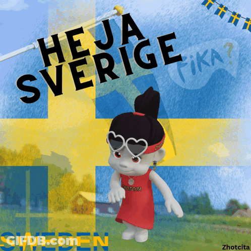 Cartoon Girl With Heart Sunglasses And Swedish Flag GIF