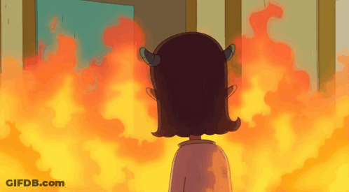 Cartoon Girl With Horns In Front Of Fire GIF