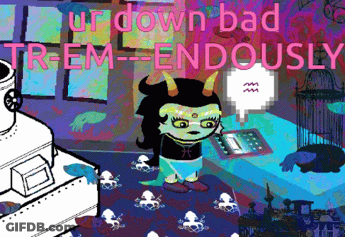 Cartoon Girl With Horns Saying Up Down Bad Tr-Em-Endously GIF