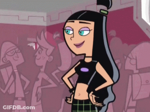 Cartoon Girl With Long Black Hair Hands On Hips Smiling GIF