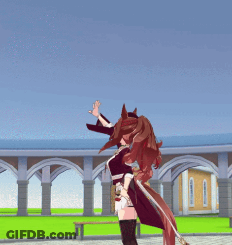 Cartoon Girl With Long Brown Hair Dancing In Front Of Building GIF