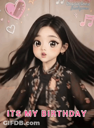 Cartoon Girl With Long Hair In Black Dress And Jacket Saying It's My Birthday GIF