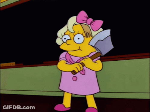 Cartoon Girl With Pink Bow Holding Axe GIF